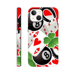 iPhone case featuring an Ace of Hearts, lucky 8-ball, four-leaf clover, and horseshoe on a red background.