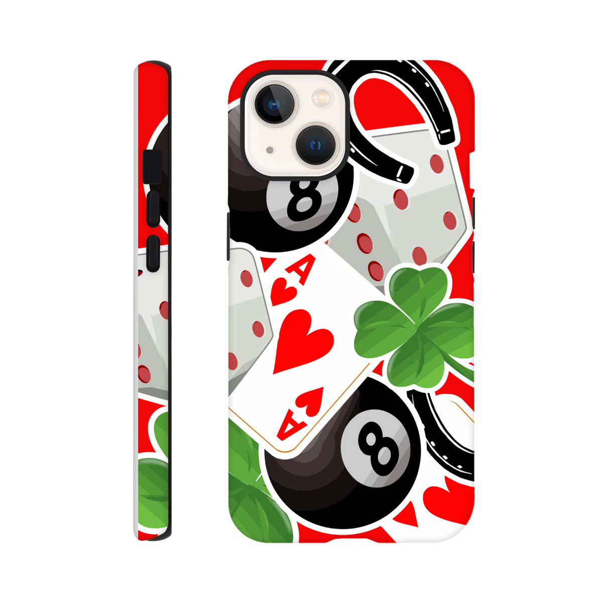 iPhone case featuring an Ace of Hearts, lucky 8-ball, four-leaf clover, and horseshoe on a red background.