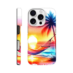 Vibrant tropical sunset iPhone case featuring a blue palm tree and colorful hammock over ocean waves.