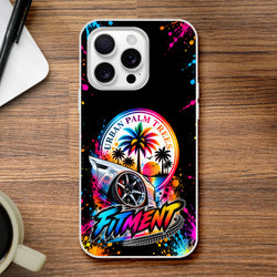 Vibrant Fitment phone case featuring a lowered car, palm trees, and colorful splatter art against a black background.