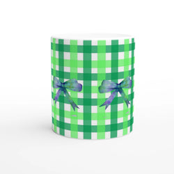 Green gingham bow mug for coffee or tea; cute coquette style, ideal for home, office, dorm, or gifting.
