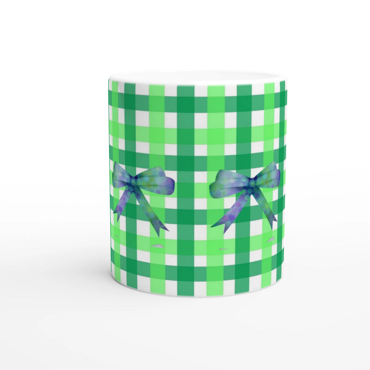 Green gingham bow mug for coffee or tea; cute coquette style, ideal for home, office, dorm, or gifting.