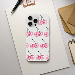 Clear flexi case with pink glitter cherries pattern for iPhone 13-16, slim protective cover