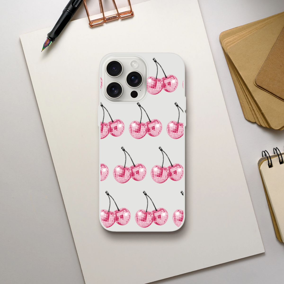 Clear flexi case with pink glitter cherries pattern for iPhone 13-16, slim protective cover