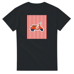 Black retro scooter graphic tee for women featuring vintage mod streetwear design with orange scooter on red and white stripes.