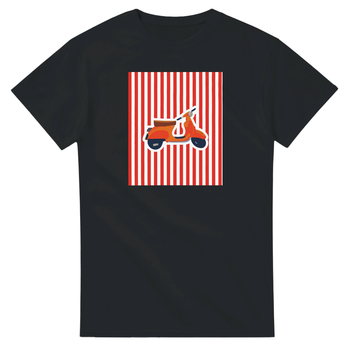 Black retro scooter graphic tee for women featuring vintage mod streetwear design with orange scooter on red and white stripes.