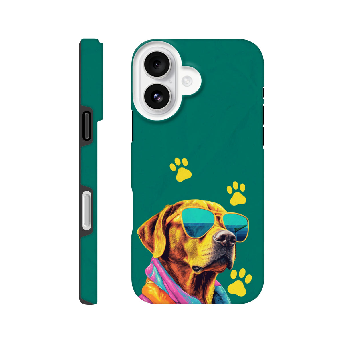 Teal iPhone case featuring a cool dog with sunglasses and yellow paw prints. Shock-absorbing tough shell for daily carry protection.