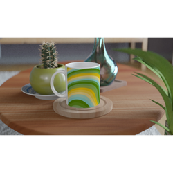 Retro Green & Yellow Wave Mug with groovy Y2K swirl; ceramic coffee cup on wooden table beside a cactus.