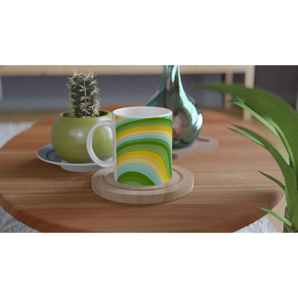 Retro Green & Yellow Wave Mug with groovy Y2K swirl; ceramic coffee cup on wooden table beside a cactus.