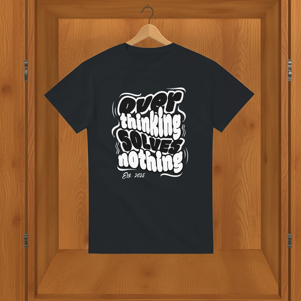 Black t-shirt with white text on a wooden hanger against a wooden background