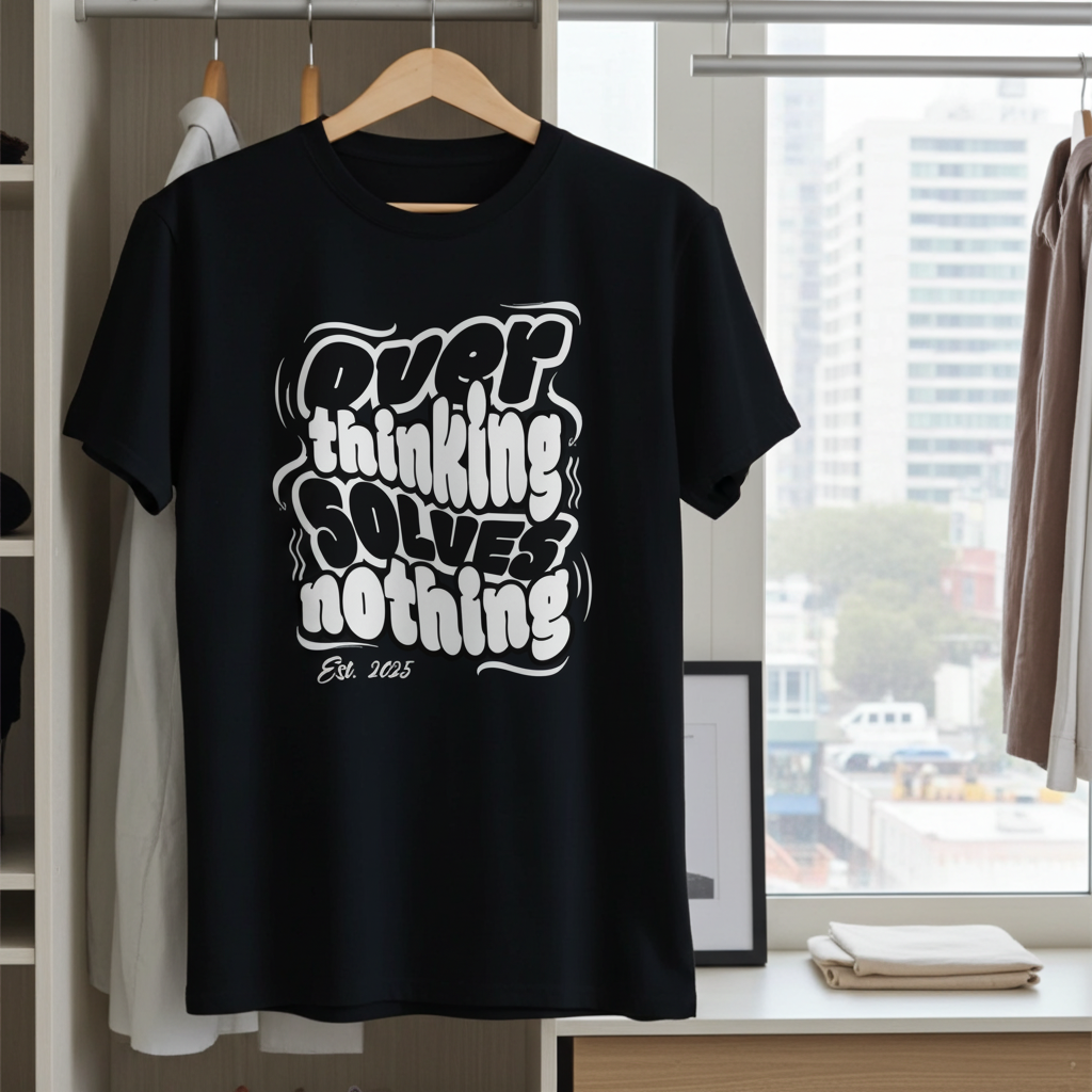 Black t-shirt with white text on a hanger in a room with a window view.