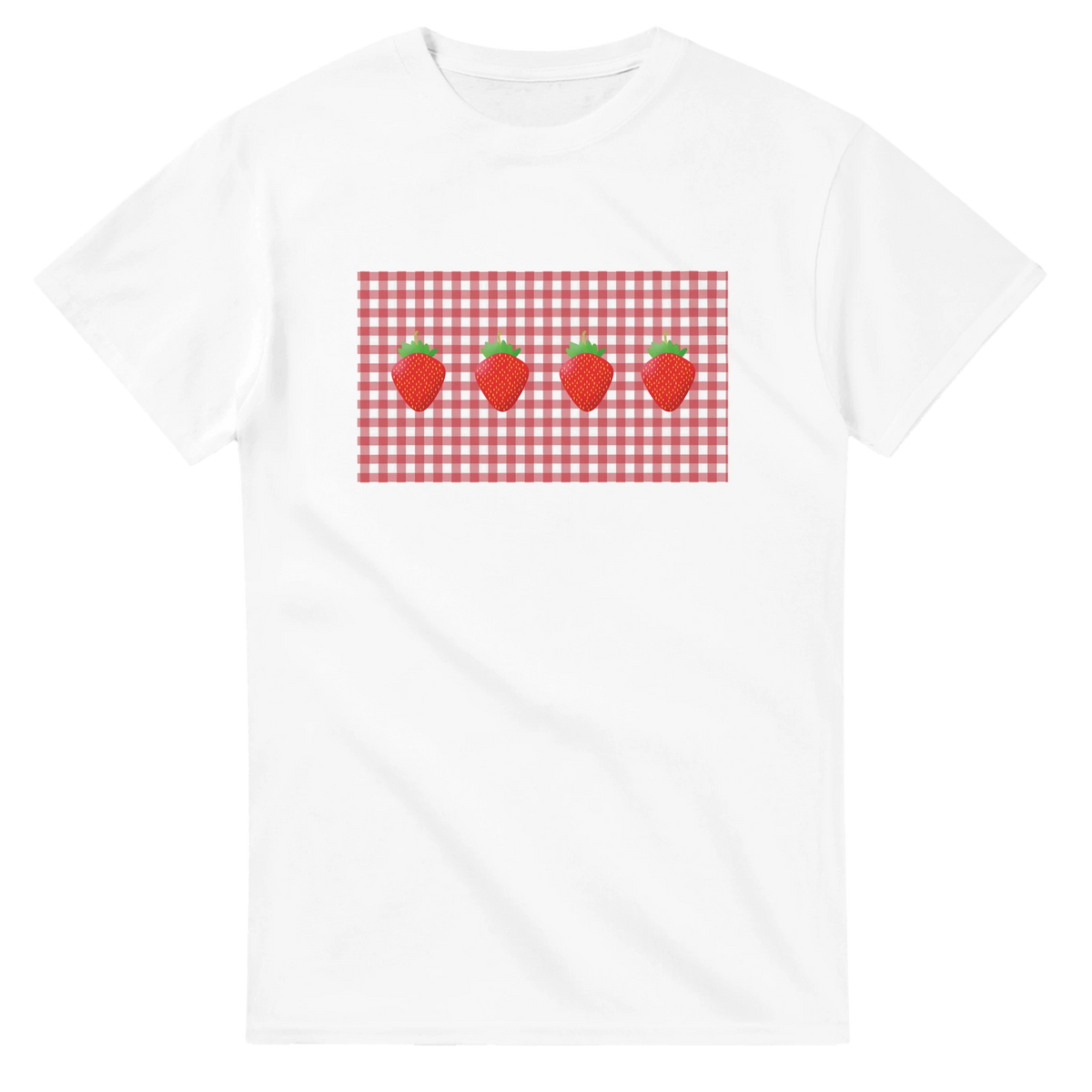 White T-shirt with a red strawberry gingham print panel on front, cottagecore style.