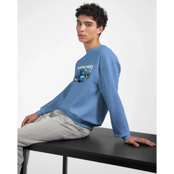 Model wearing blue cotton-poly blend men's graphic sweatshirt with teddy bear design and 'Wanted' text.