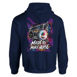 Navy blue hoodie back with retro boombox graphic, "Made to Make Noise" text, and colorful Urban Palm Trees design.