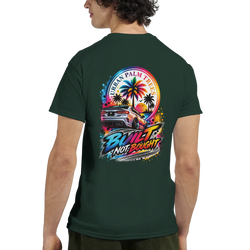 Dark green tee back featuring "Built Not Bought" graphic with modified car, palm trees, and sunset. Modified car culture streetwear.