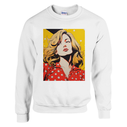 White crewneck sweatshirt featuring a retro pop art graphic of a blonde woman in a red polka dot top against a yellow background.