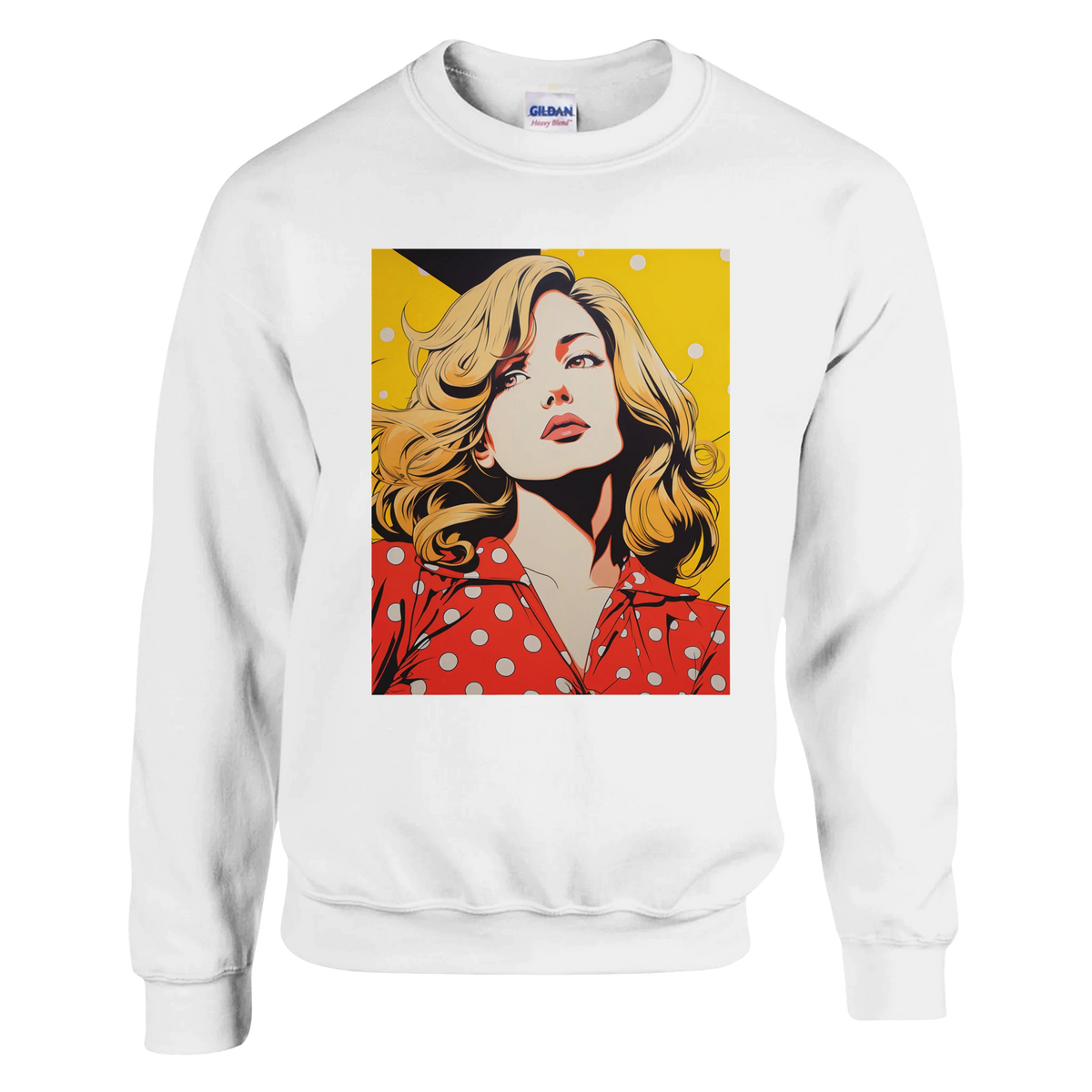 White crewneck sweatshirt featuring a retro pop art graphic of a blonde woman in a red polka dot top against a yellow background.
