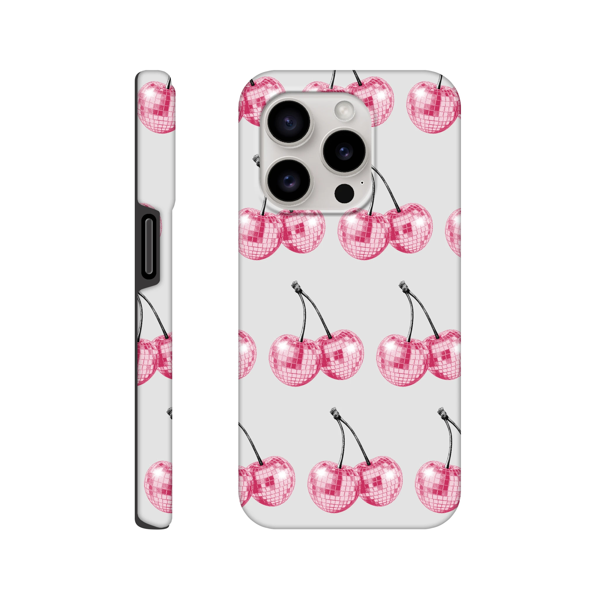 Glitter ball cherries phone case with wraparound print and dual-layer protection for iPhone 16 15 14 13, glossy finish.