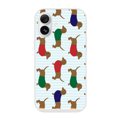 Sausage-dog dachshund pattern iPhone case for 13-16 with striped blue background