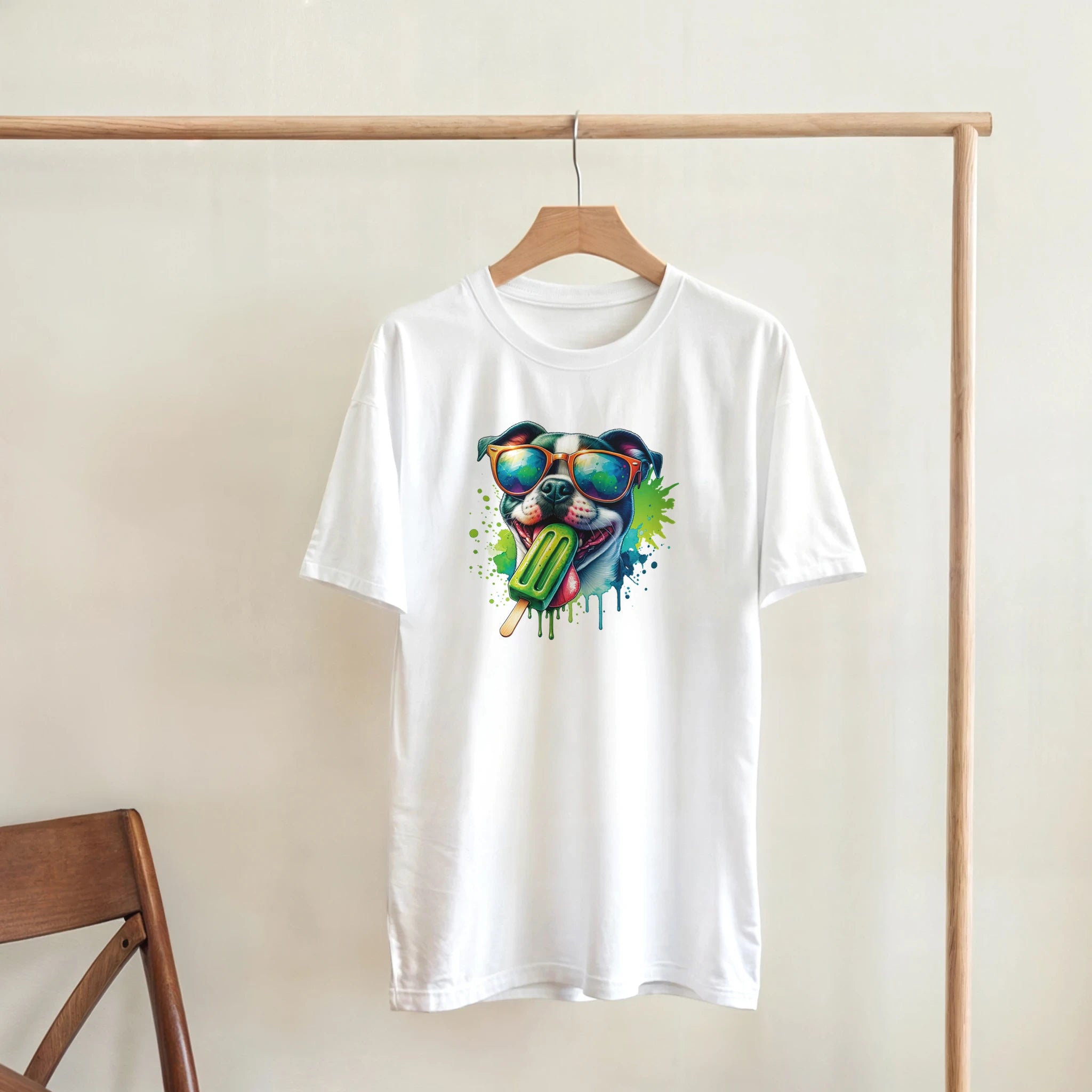 White women's T-shirt with a vibrant dog wearing sunglasses and a green popsicle graphic.