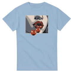 Women's light blue cotton-blend T-shirt with pop art lips and two cherries graphic.