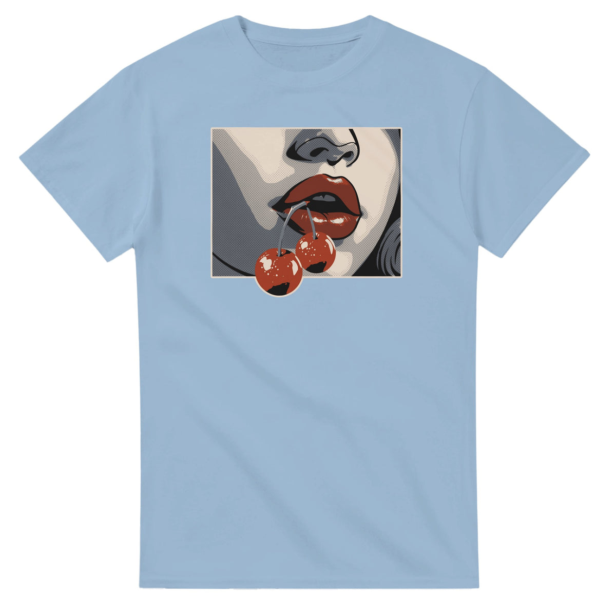 Women's light blue cotton-blend T-shirt with pop art lips and two cherries graphic.
