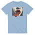 Women's light blue cotton-blend T-shirt with pop art lips and two cherries graphic.