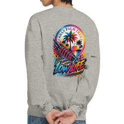 Grey sweatshirt back featuring colorful Low Life graphic with shock absorber, palm trees, and Urban Palm Trees text for modified car culture.