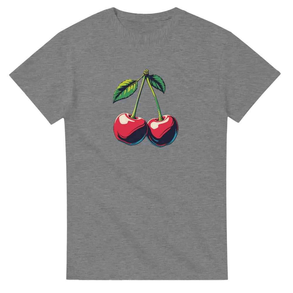 Gray women's graphic T-shirt with a red cherry print on the front.
