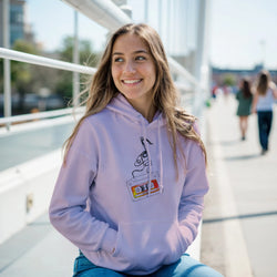 Lavender hoodie for women featuring a retro cassette tape graphic with unwound tape, showcasing vintage music style.