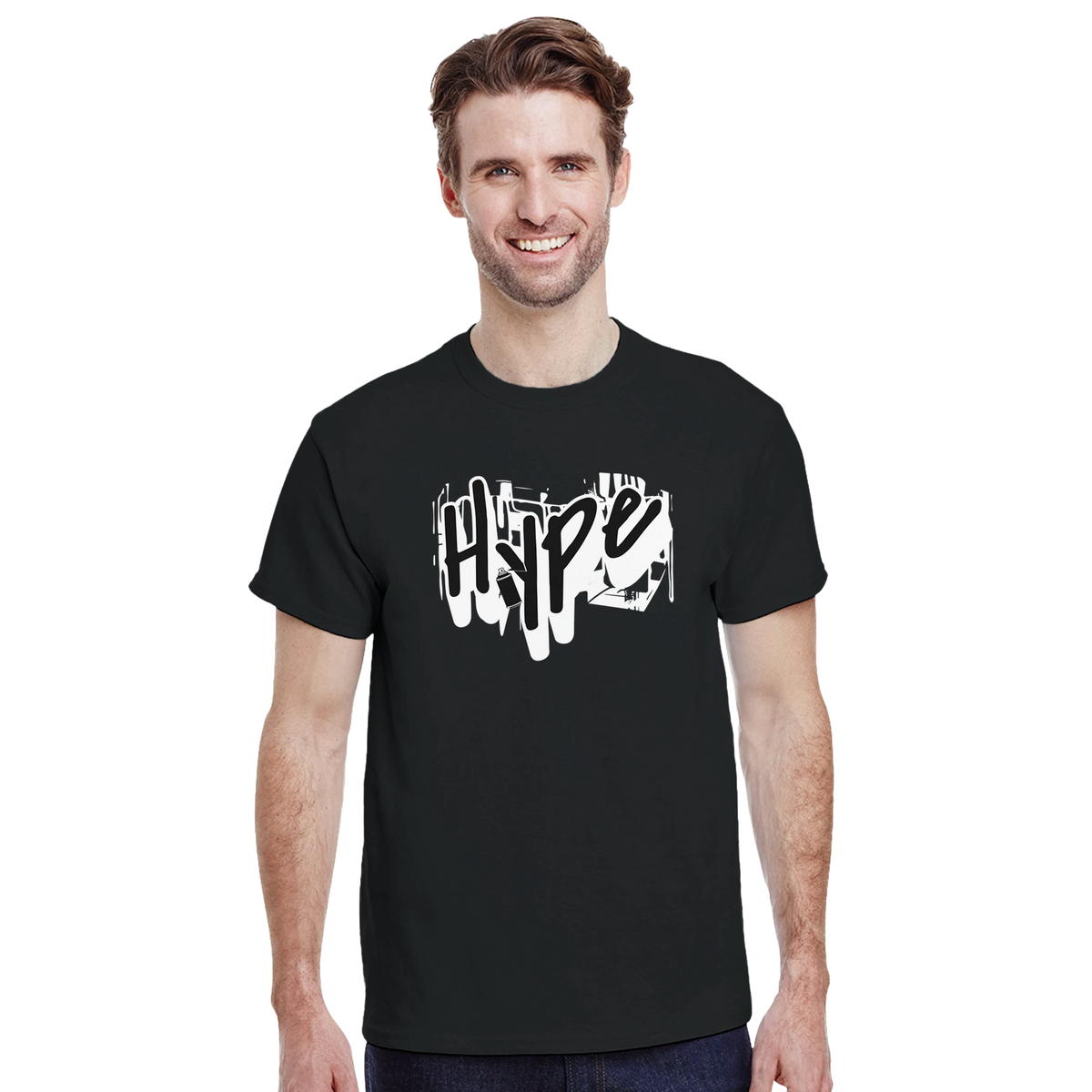 Man wearing Urban Graffiti Graphic T-Shirt for Men in black with bold graffiti artwork for streetwear.