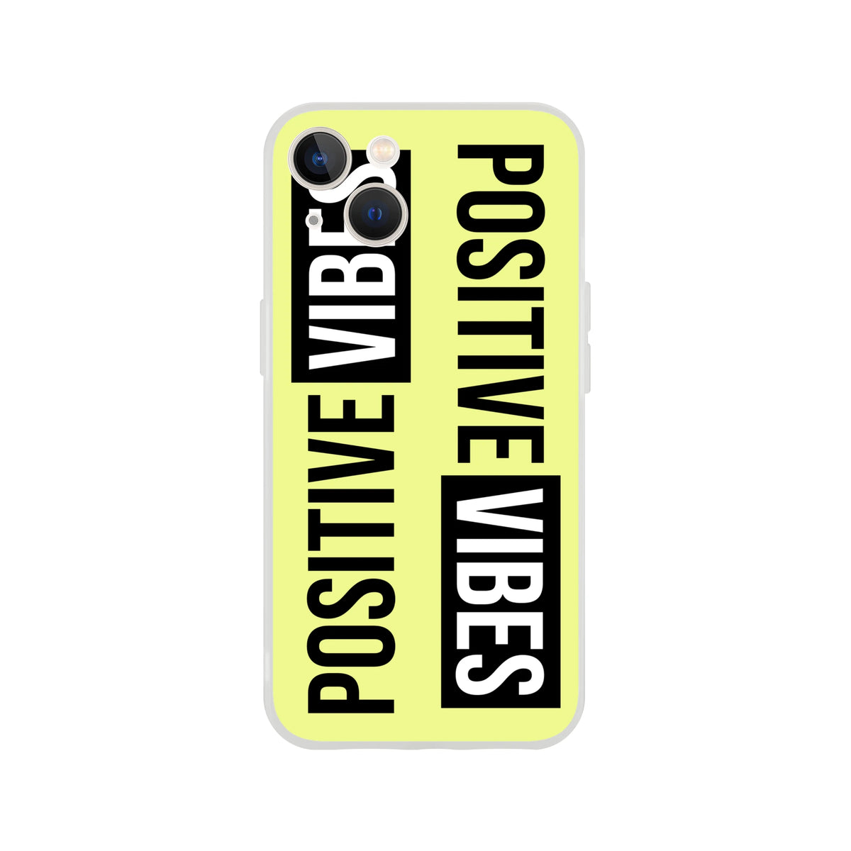 Slim lime-yellow iPhone case for 13-16 with matte finish and streetwear-inspired Positive Vibes slogan print.
