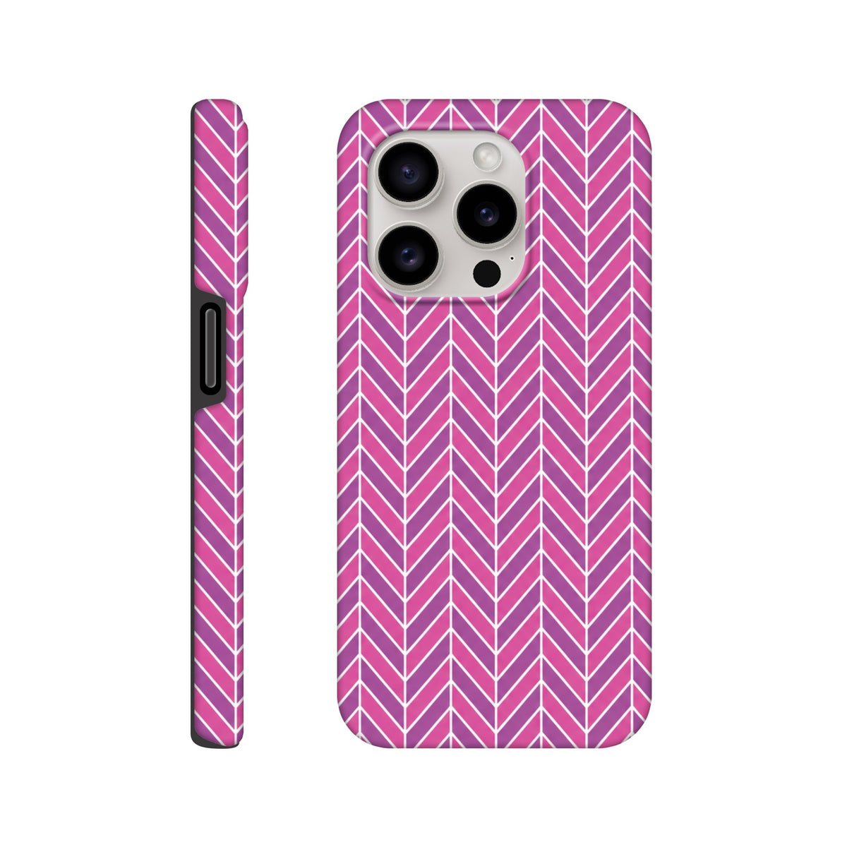 Pink herringbone geometric iPhone case with gradient purple and white chevrons, featuring a tough dual-layer design for impact resistance.