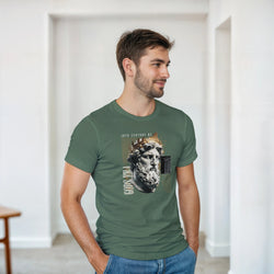 Man wearing green Gothic Gods graphic T-shirt with a classical bust print on a crew-neck, soft cotton blend