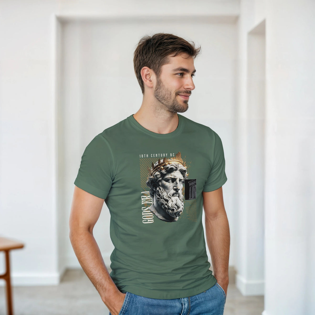 Man wearing green Gothic Gods graphic T-shirt with a classical bust print on a crew-neck, soft cotton blend
