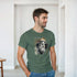Man wearing green Gothic Gods graphic T-shirt with a classical bust print on a crew-neck, soft cotton blend