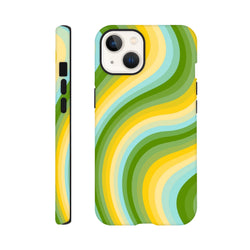 Green and yellow retro wave iPhone case featuring bold wavy stripes in a Y2K style. Durable tough phone cover with wraparound graphic design.