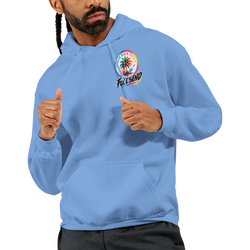 Light blue men's streetwear hoodie featuring a colorful "Full Send" palm tree graphic and front pouch pocket for car culture style.