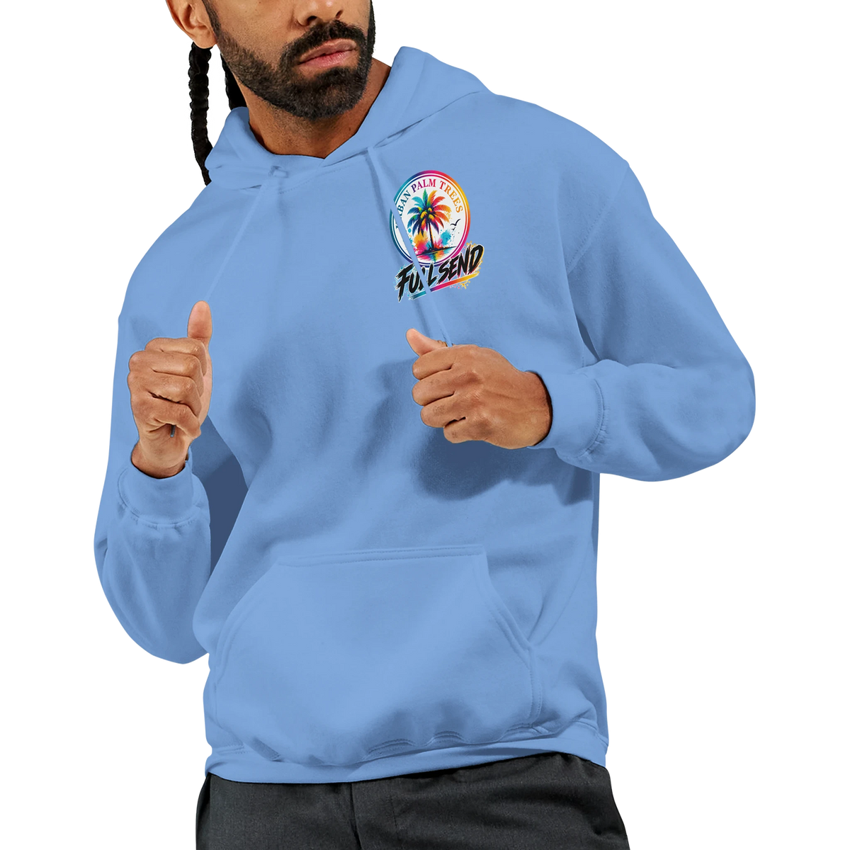 Light blue men's streetwear hoodie featuring a colorful "Full Send" palm tree graphic and front pouch pocket for car culture style.