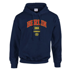 Navy Berlin Graphic Women’s Hoodie with red lettering and yellow emblem; soft cotton blend pullover.