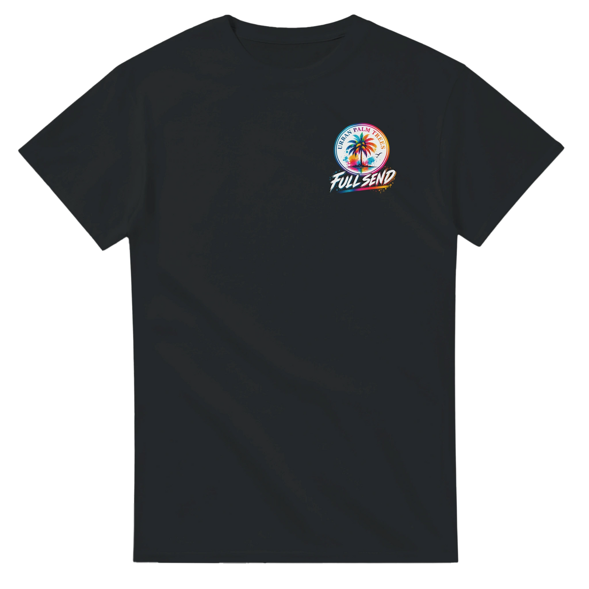 Black men's t-shirt featuring a colorful "Full Send" and "Urban Palm Trees" palm tree graphic on the chest.