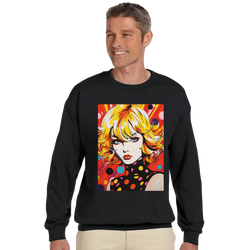 Black men's sweatshirt featuring a vibrant retro pop art woman graphic with bold comic book colors and polka dots.