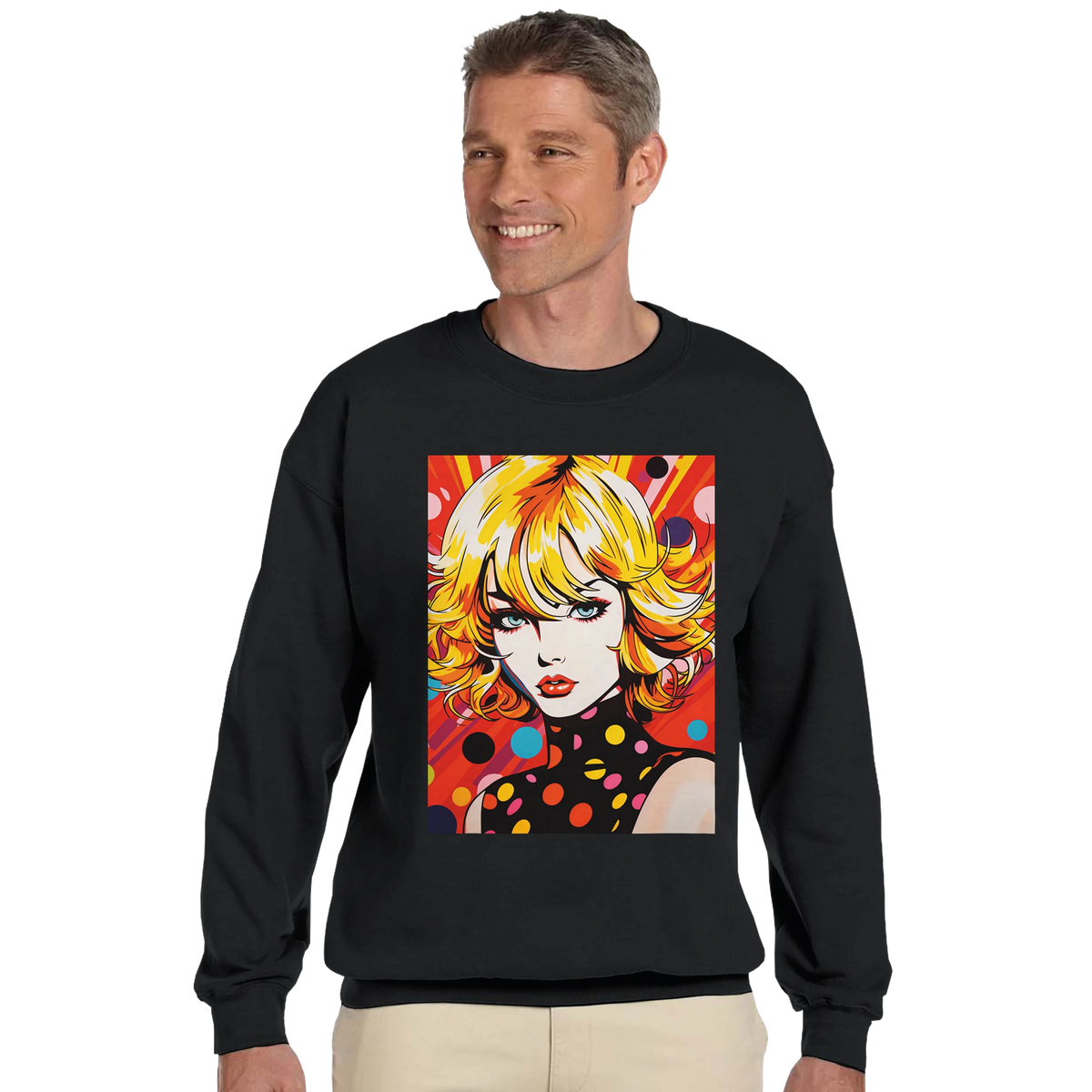 Black men's sweatshirt featuring a vibrant retro pop art woman graphic with bold comic book colors and polka dots.