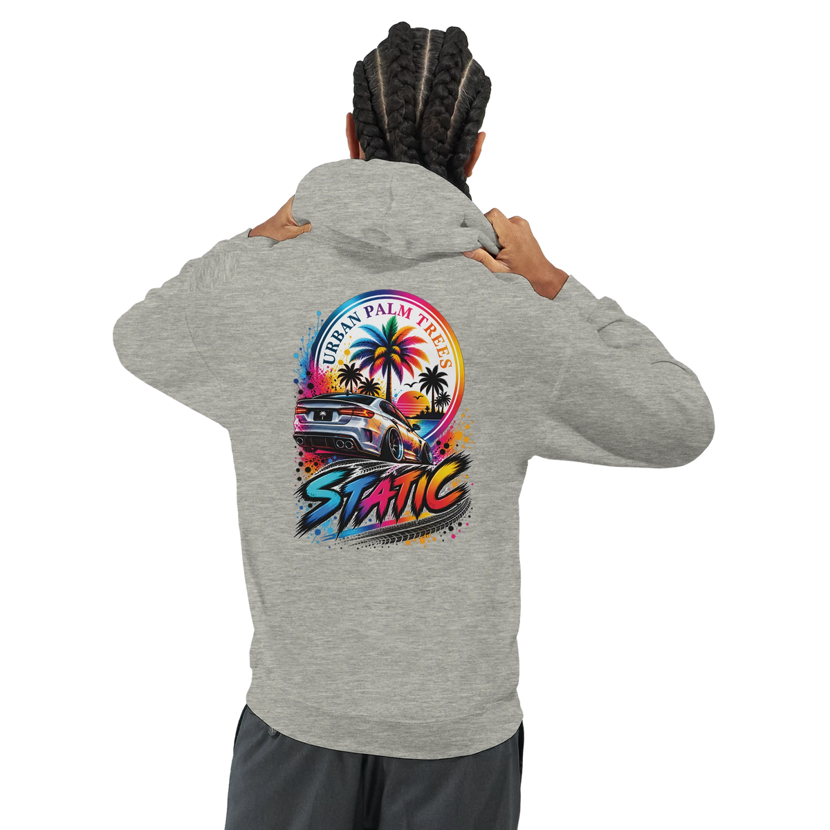 Gray men's hoodie featuring vibrant back graphic of a slammed car, palm trees, and colorful Static text for petrolhead streetwear.