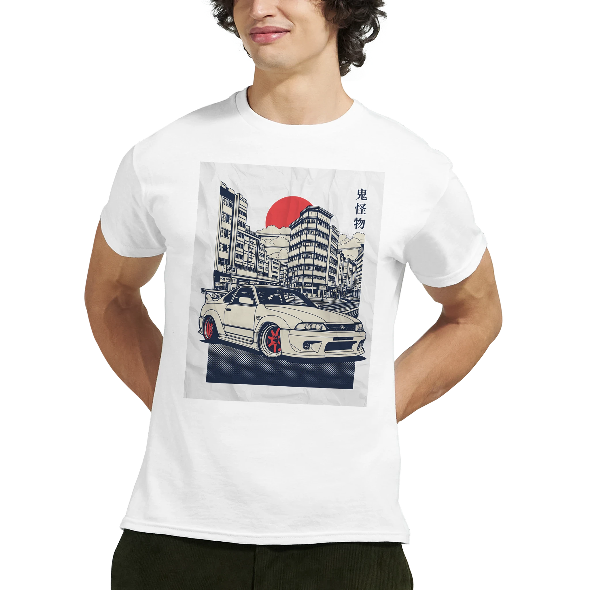 White T-shirt with JDM car graphic: cityscape, red sun, and a modified sports car on the front.
