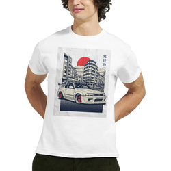 White T-shirt with JDM car graphic: cityscape, red sun, and a modified sports car on the front.
