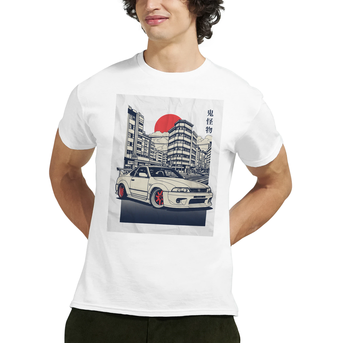 White T-shirt with JDM car graphic: cityscape, red sun, and a modified sports car on the front.