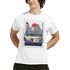 White T-shirt with JDM car graphic: cityscape, red sun, and a modified sports car on the front.