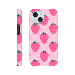 Pink iPhone case with cute strawberry pattern and tough protection. High-gloss fruit design fits iPhone 13-16 models.