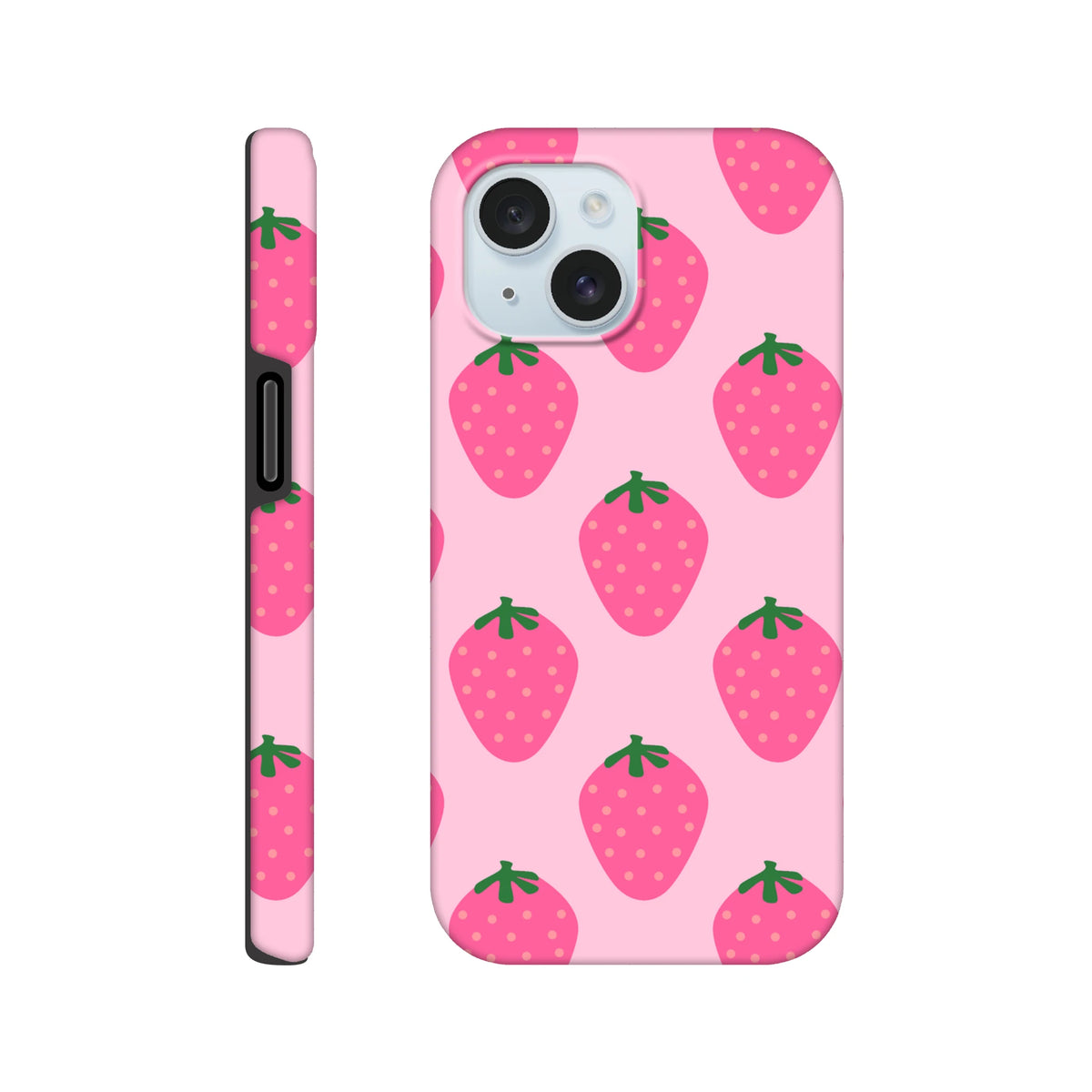 Pink iPhone case with cute strawberry pattern and tough protection. High-gloss fruit design fits iPhone 13-16 models.